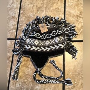 Pure wool knit hat. Mohawk helmet style. Handmade in Nepal. Grey black white NWT